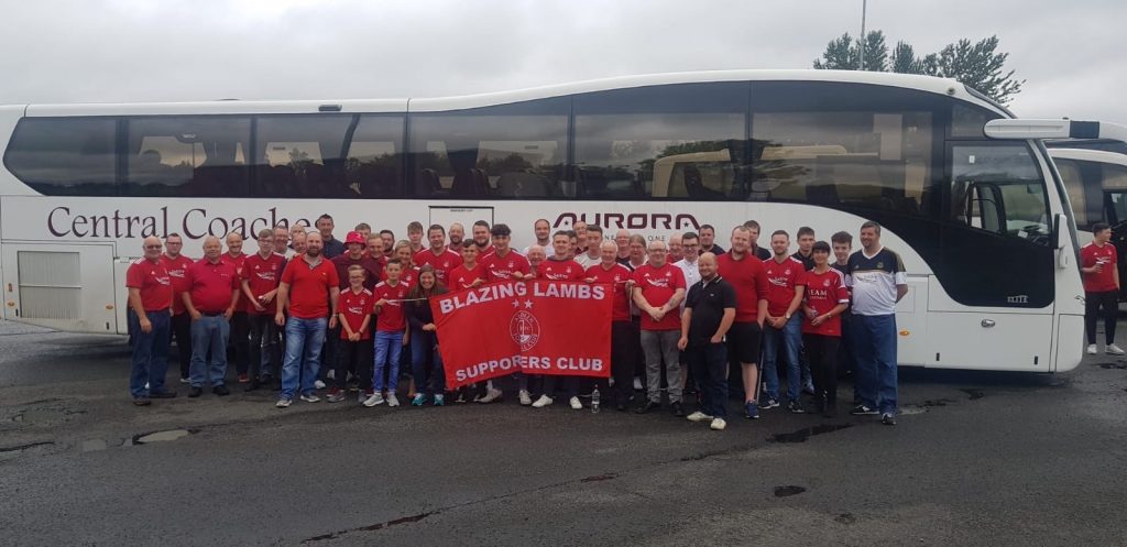 @BlazingLambs - Joint bus with Gothenburg Reds, pit stop in Hamilton. Next stop Burnley #StandFree #COYR