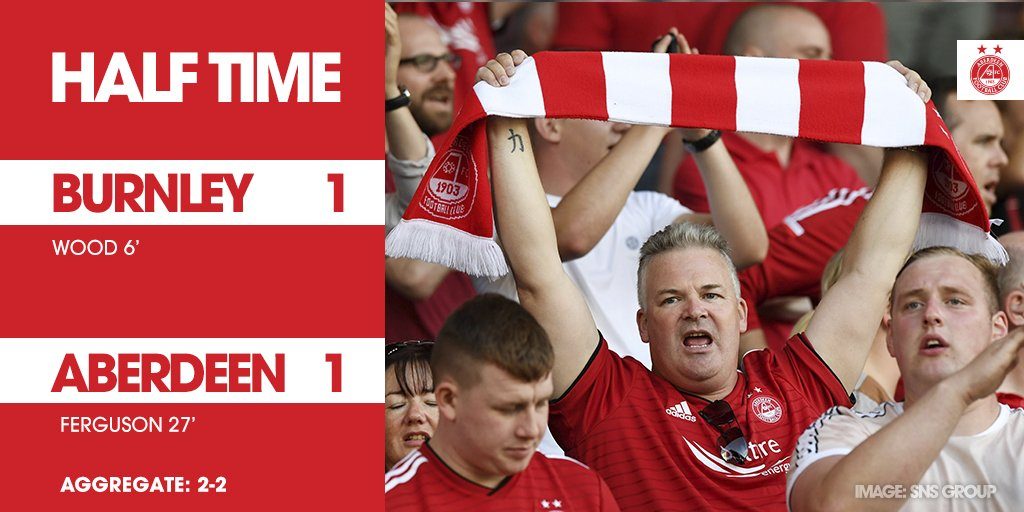 @AberdeenFC - Half time at Turf Moor and it's all square as Lewis Ferguson's spectacular effort gets The Dons back in the tie following Wood's early strike.