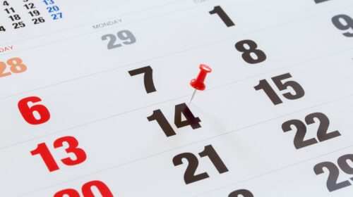 Pin pushed on a calendar concept for an important day.